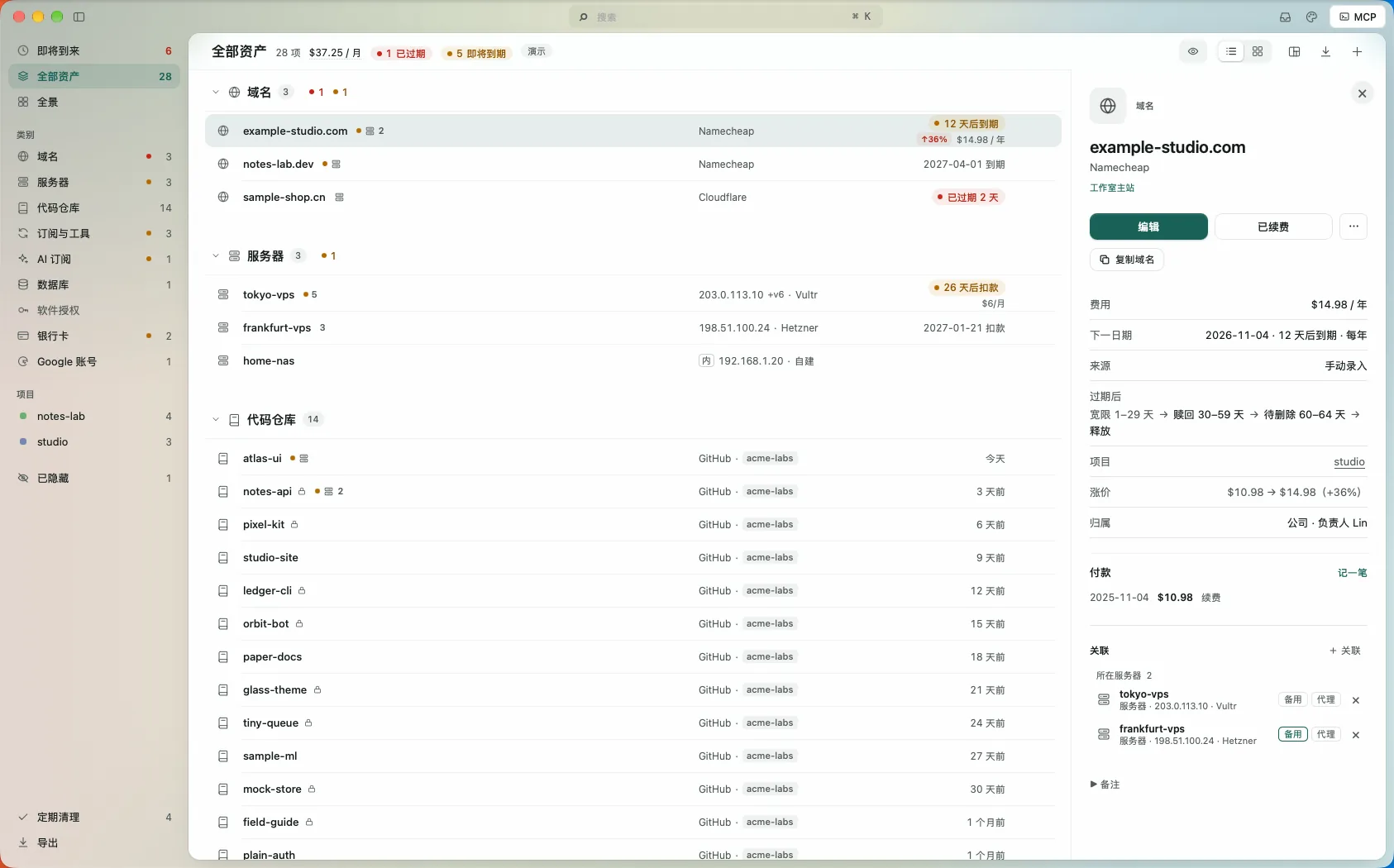 Assetboard 主界面：左侧按类别列出资产，中间是域名、服务器和代码仓库列表及到期状态，右侧是 example-studio.com 的详情、费用、续费历史和关联的服务器。